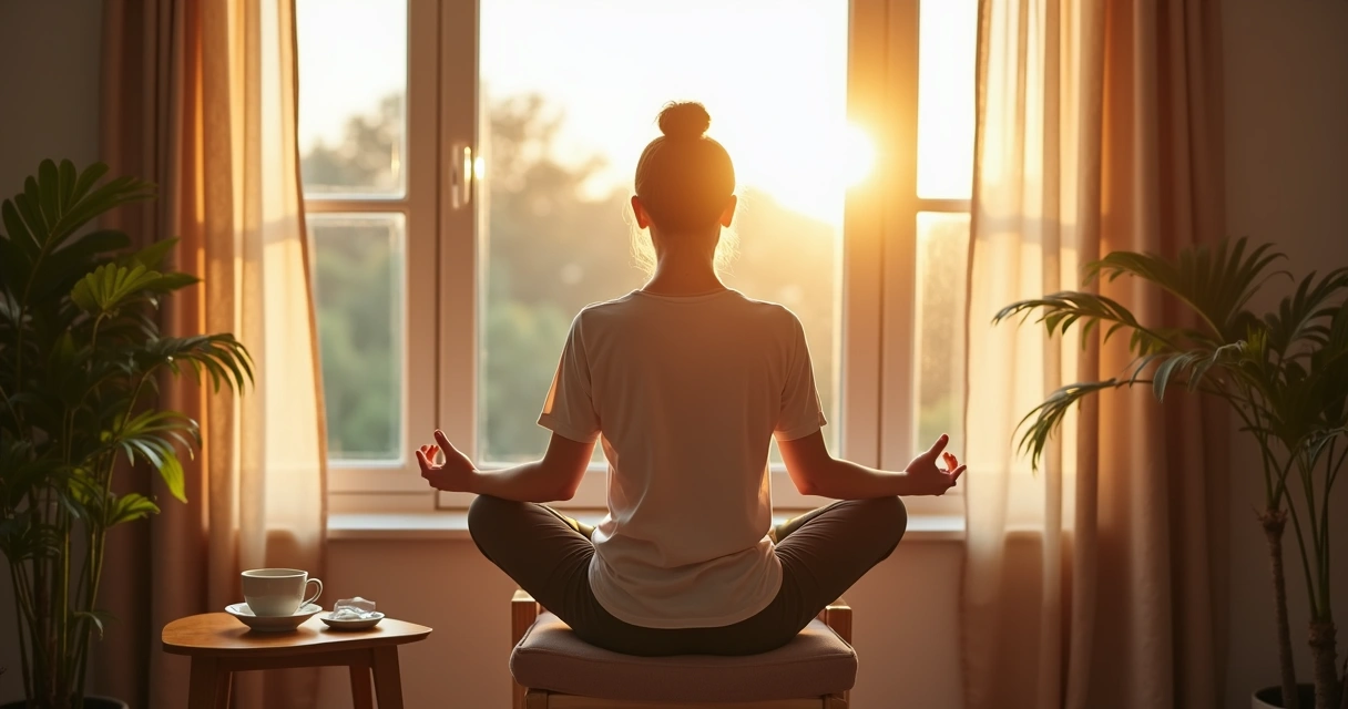 Persona sentada junto a una ventana con luz suave practicando respiración consciente. 