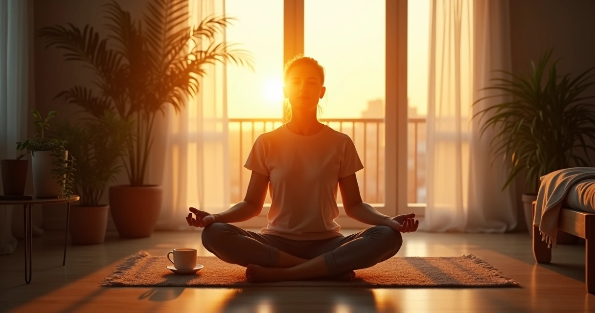 Persona sentada en postura de meditación al amanecer, ojos cerrados
