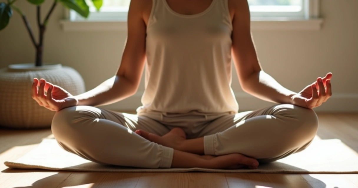Primer plano de manos descansando mientras una persona practica respiración consciente
