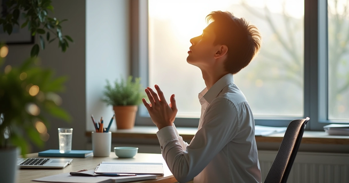 Persona respirando profundamente sentada en una oficina.