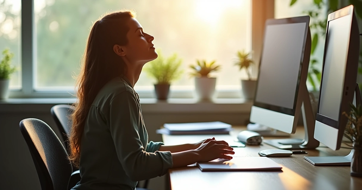 Profesional haciendo pausas de respiración en escritorio de trabajo