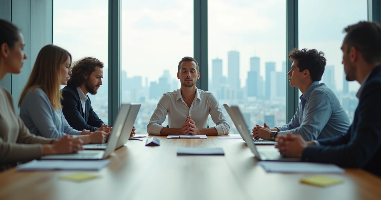 Profesional respirando conscientemente en una reunión de trabajo tensa 