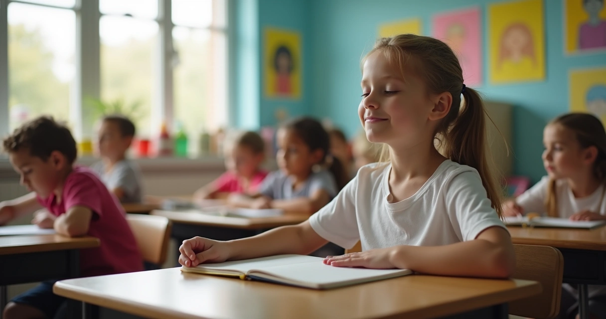 Niña practicando respiración consciente en salón de clases 