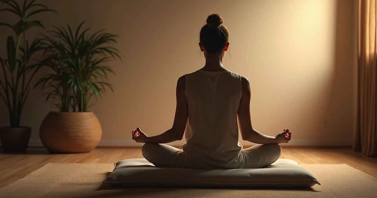 Individuo sentado en postura relajada sobre un cojín, con la espalda recta y respirando suavemente, en un entorno pacífico con luz tenue. 