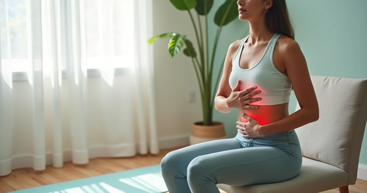 Persona sentada practicando respiración abdominal con una mano en el pecho y otra en el abdomen 