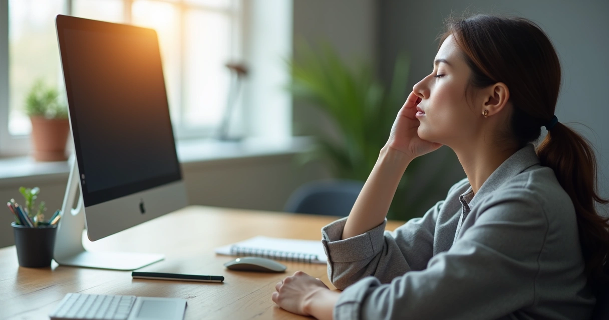 Persona respirando profundamente en escritorio de oficina 