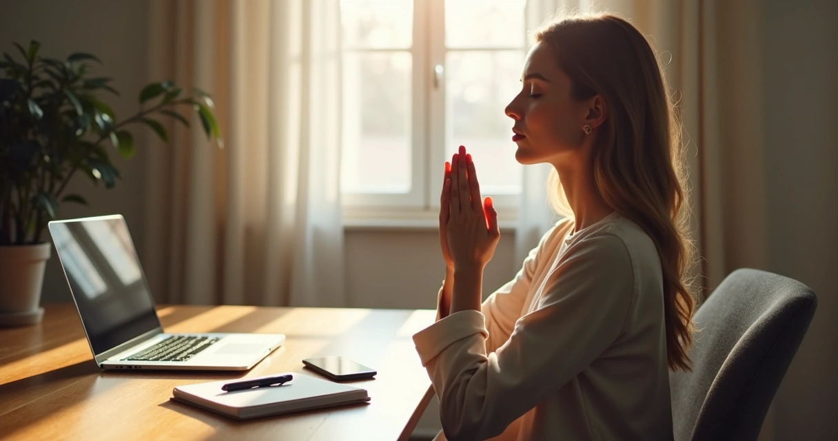 Persona respirando con calma frente al escritorio 