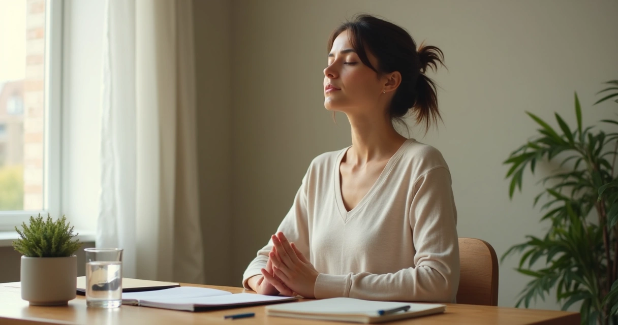 Persona respirando con calma frente a un escritorio ordenado 