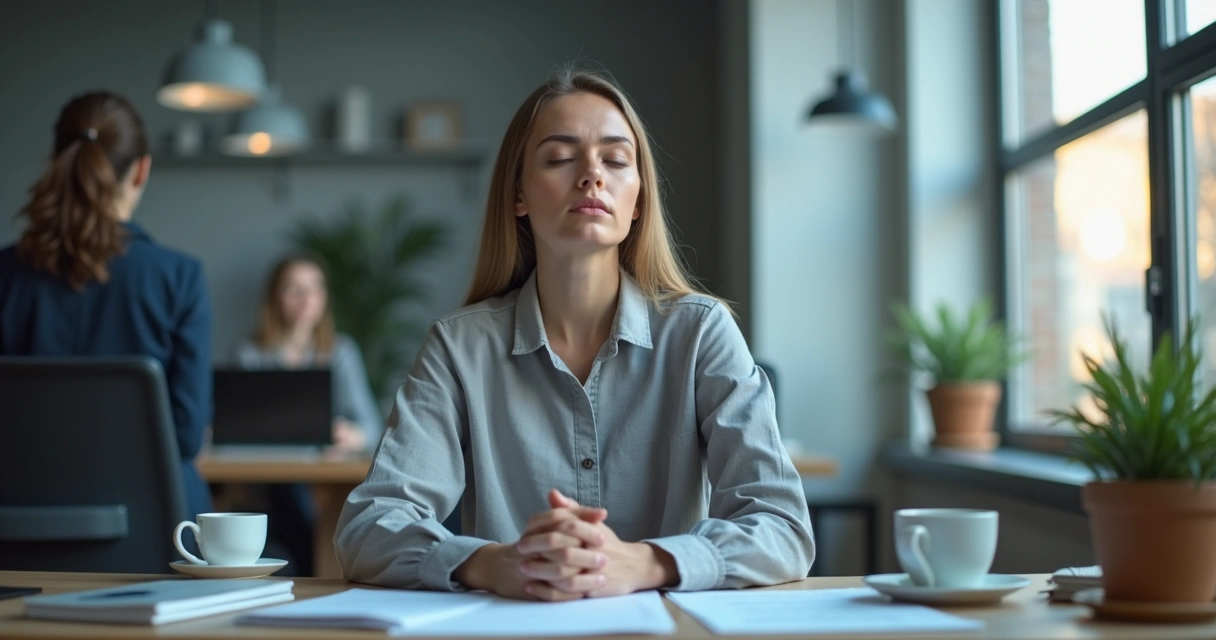 Persona respirando con calma en oficina tensa
