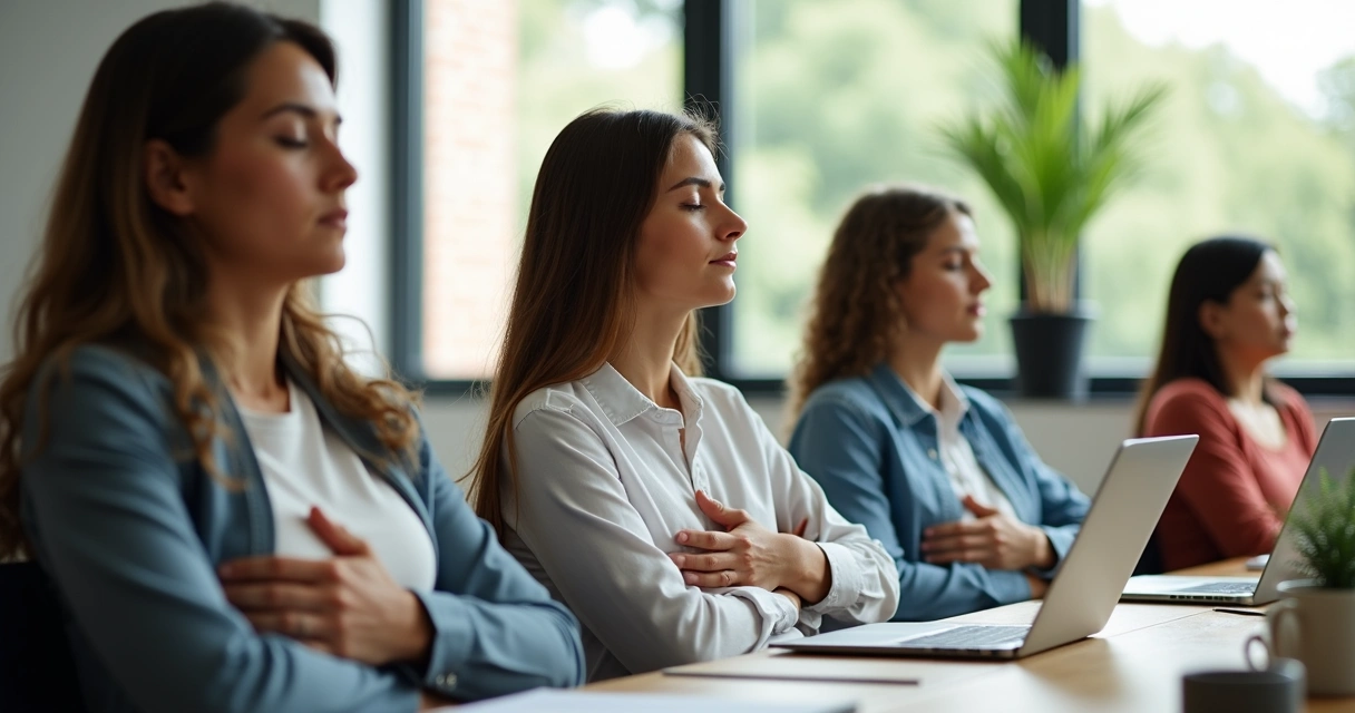 Personas en reunión de trabajo practicando respiración consciente junto a una mesa 