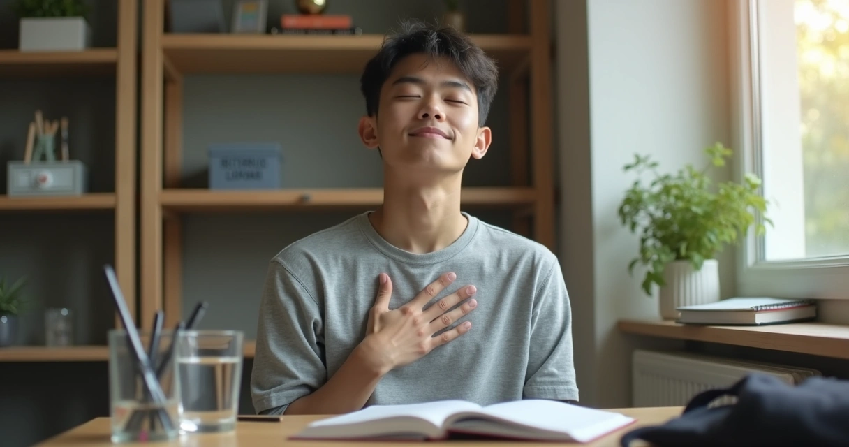 Estudiante respirando en un escritorio con cuadernos y luz suave