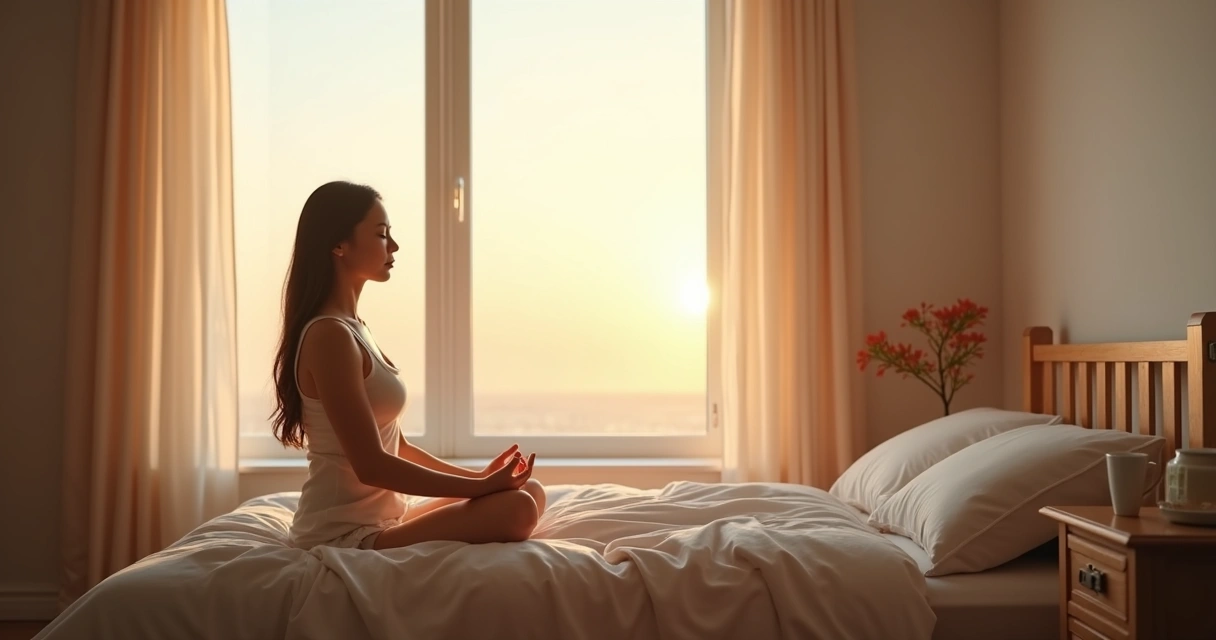 Persona sentada junto a una ventana respirando al amanecer