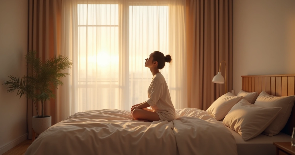 Persona sentada en la cama respirando al amanecer 