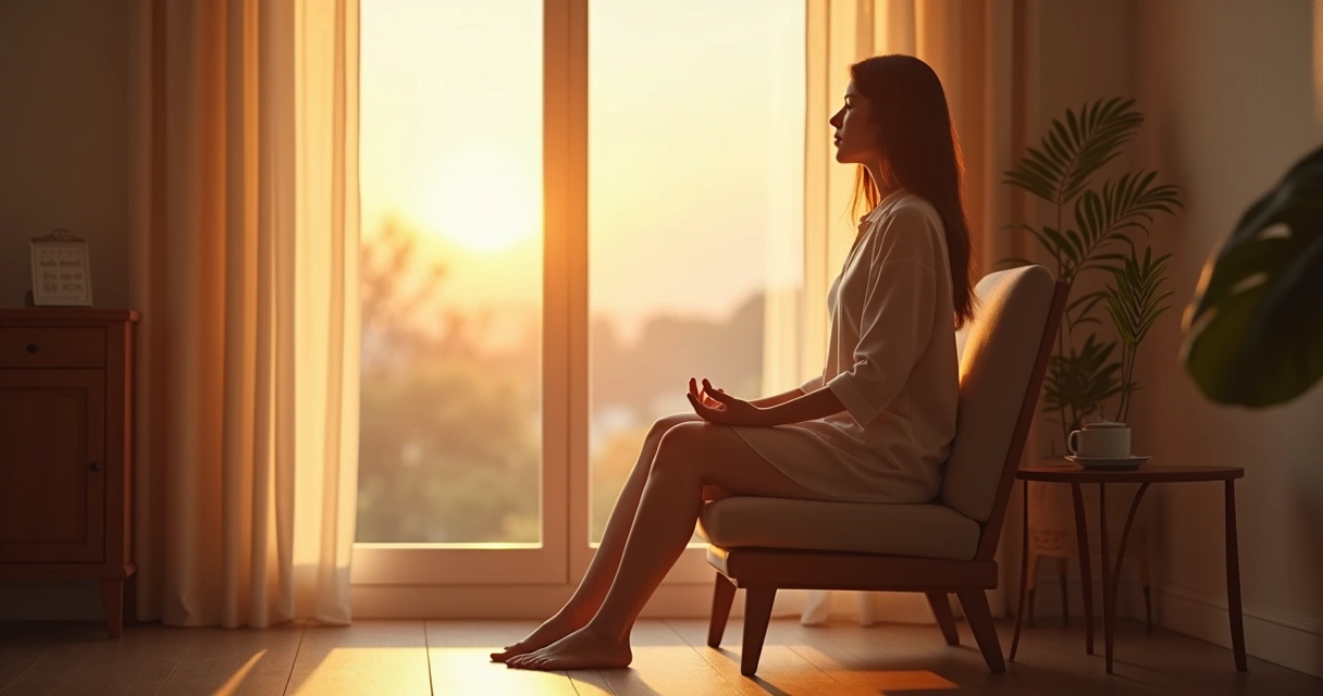 Persona sentada en silencio junto a una ventana al amanecer