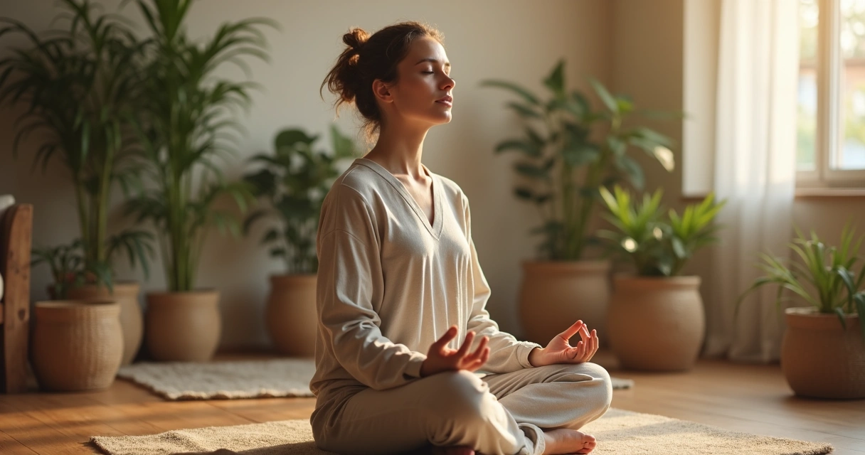Persona practicando respiración consciente en meditación 