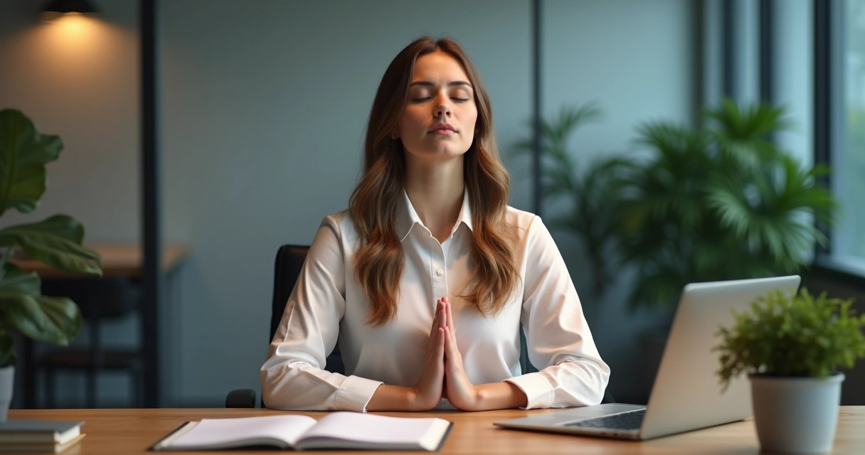 Persona sentada en escritorio con ojos cerrados, practicando respiración consciente 