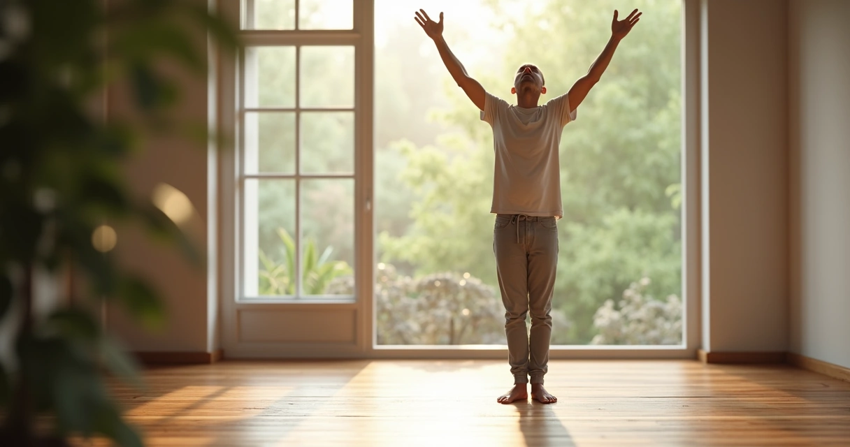Persona de pie practicando respiración consciente con brazos elevados