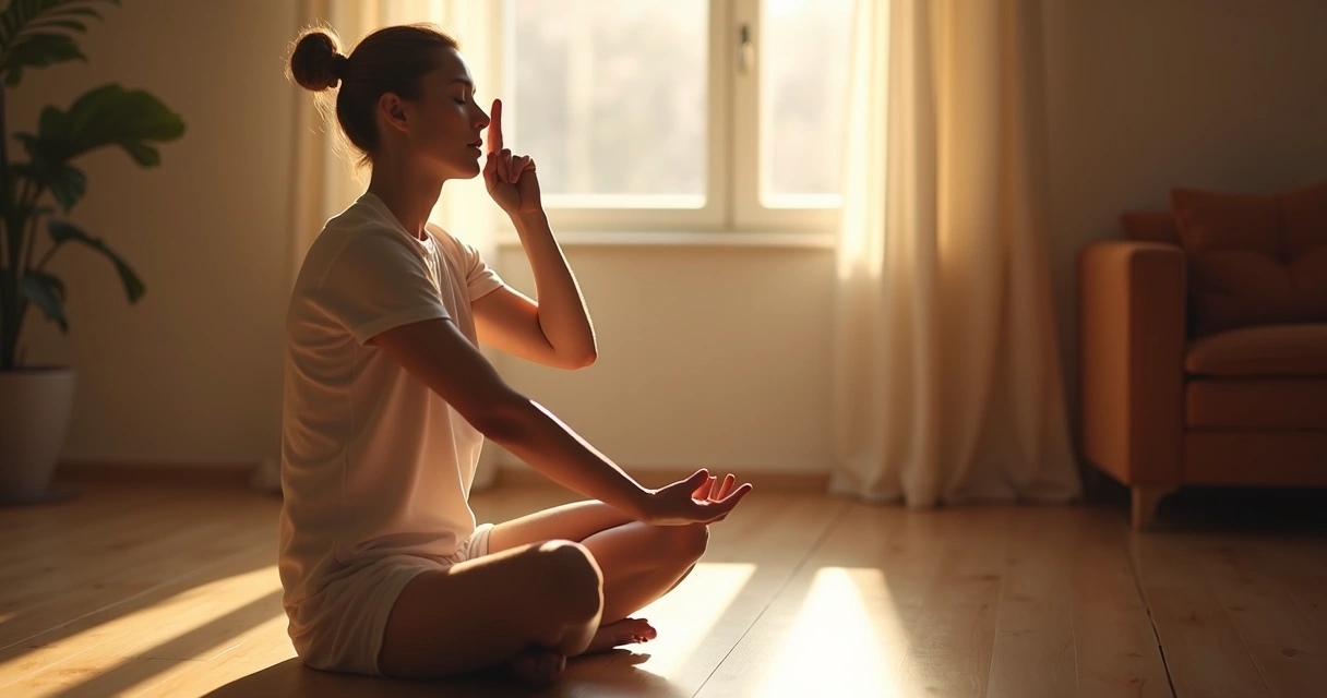 Persona mostrando respiración alterna con los dedos en la nariz 