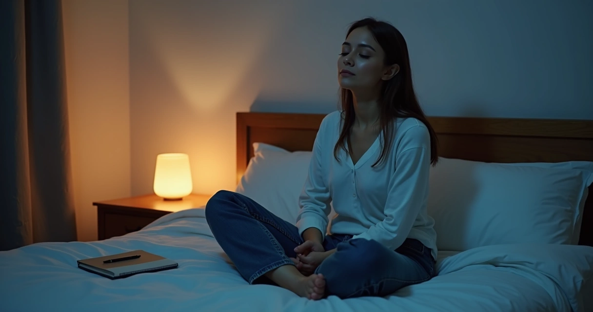Persona sentada en la cama practicando respiración nocturna 