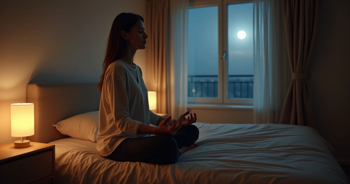 Persona sentada en la cama respirando con luz tenue