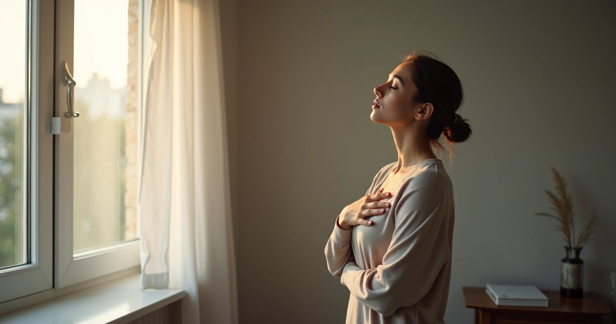 Persona haciendo respiración profunda antes de dialogar en un ambiente sereno 