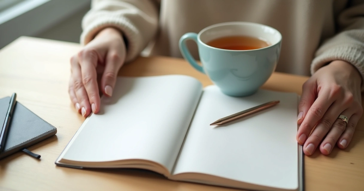 Cuaderno, taza y manos en pausa de respiración consciente