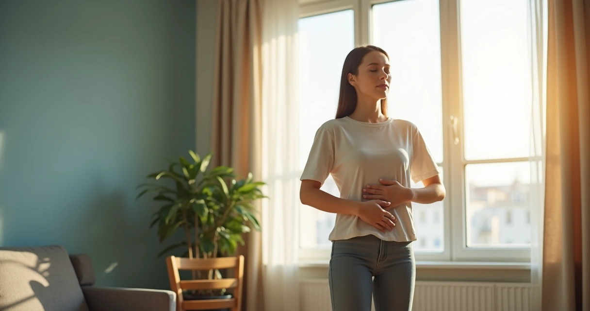 Persona respirando en silencio con las manos sobre el abdomen 