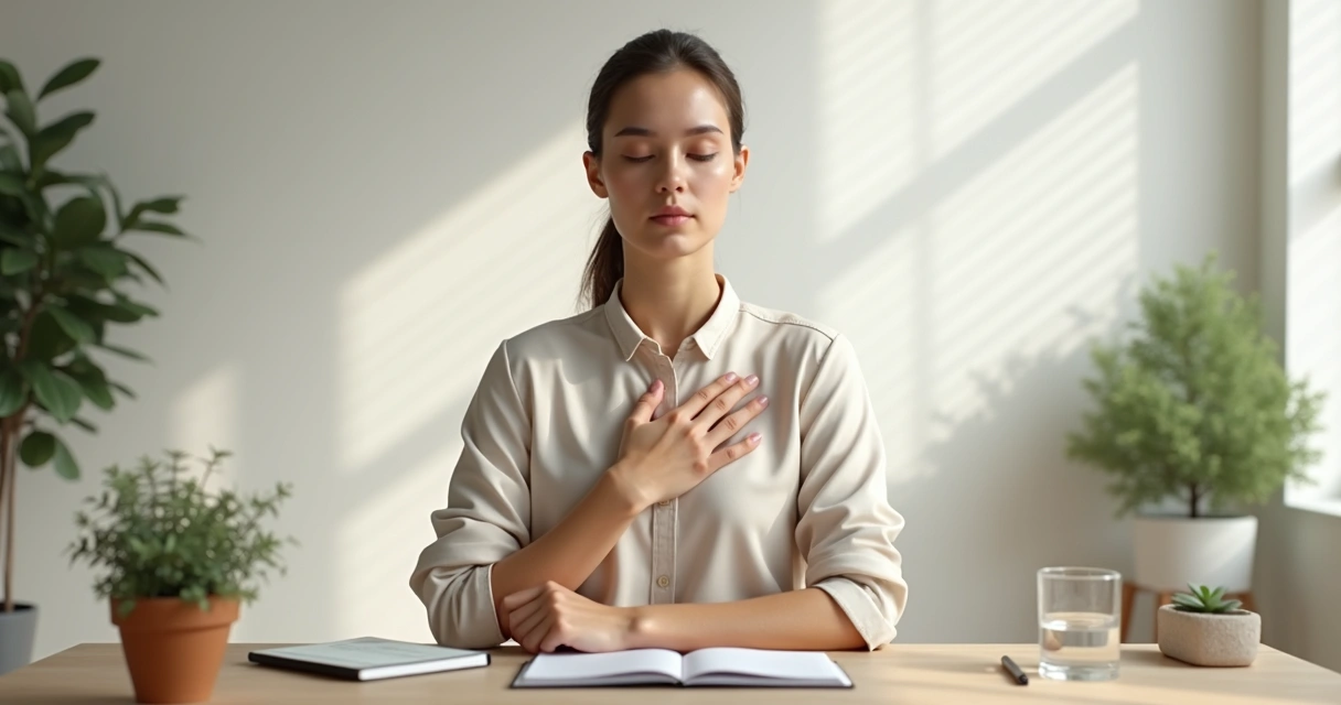 Persona respirando con calma frente a un escritorio ordenado