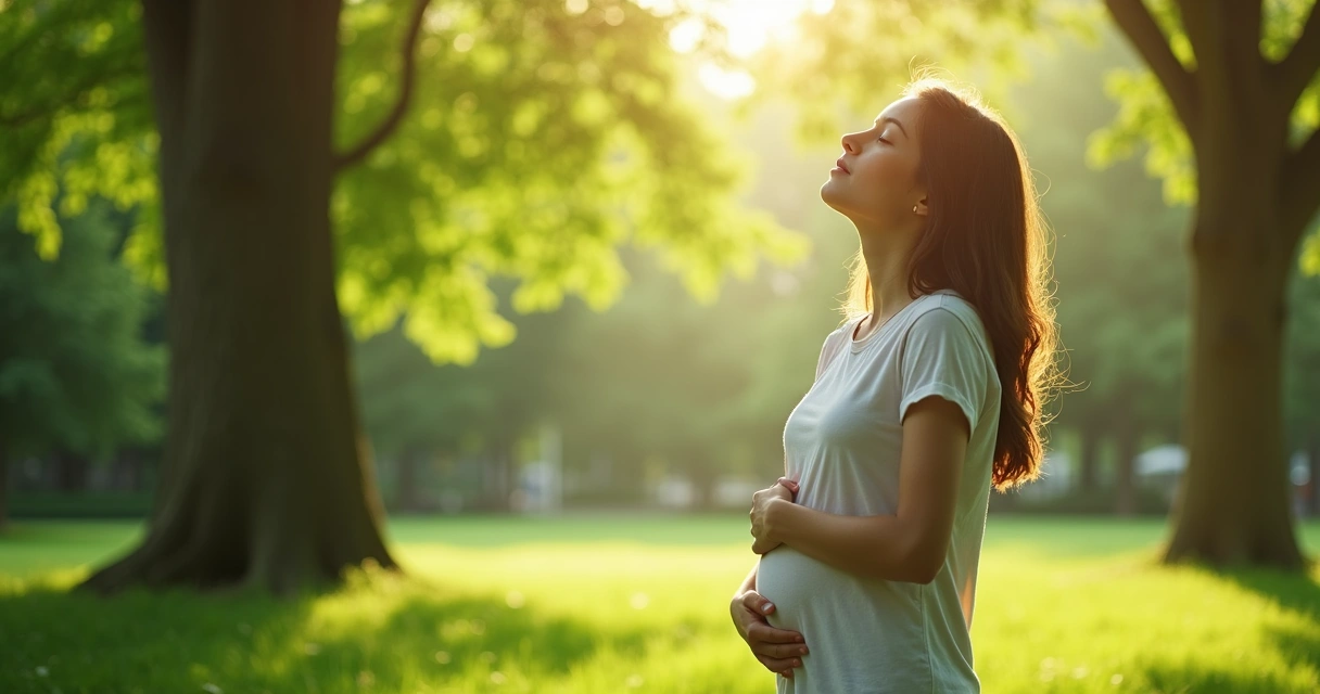 Persona practicando respiración profunda al aire libre rodeada de naturaleza