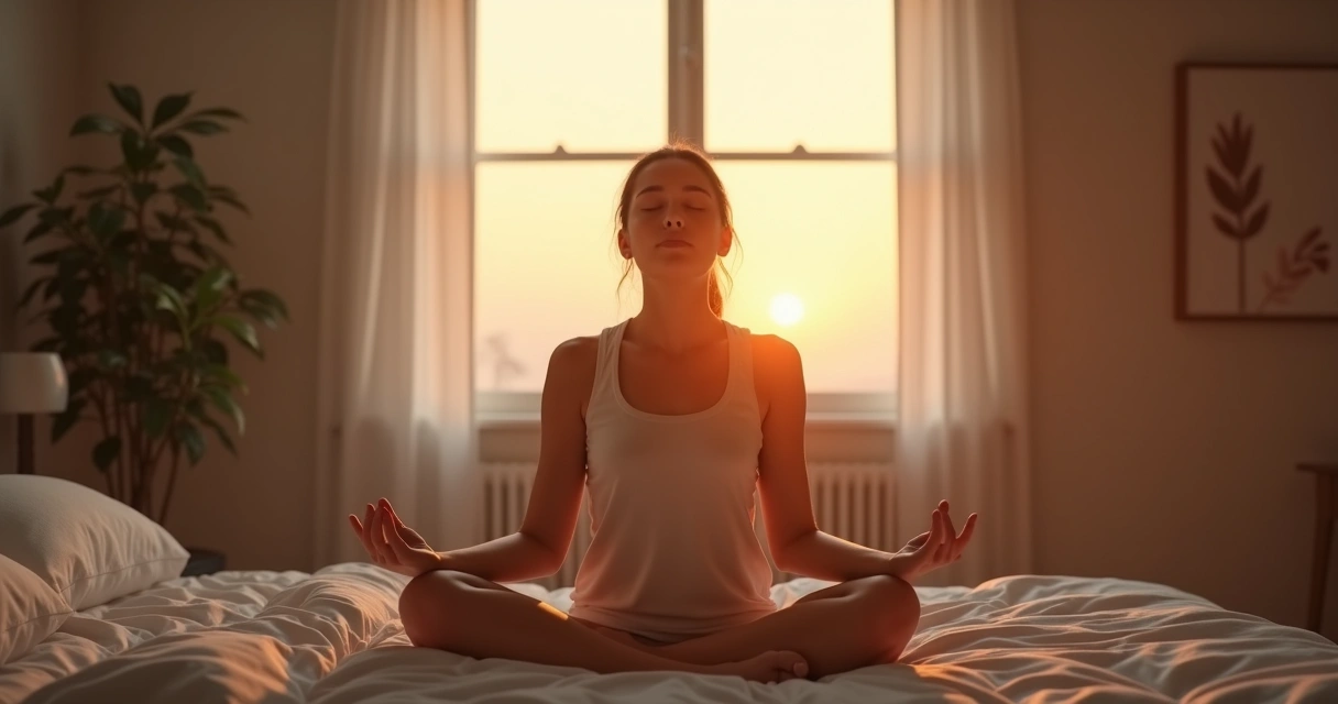 Persona sentada al borde de la cama realizando respiraciones profundas al amanecer 
