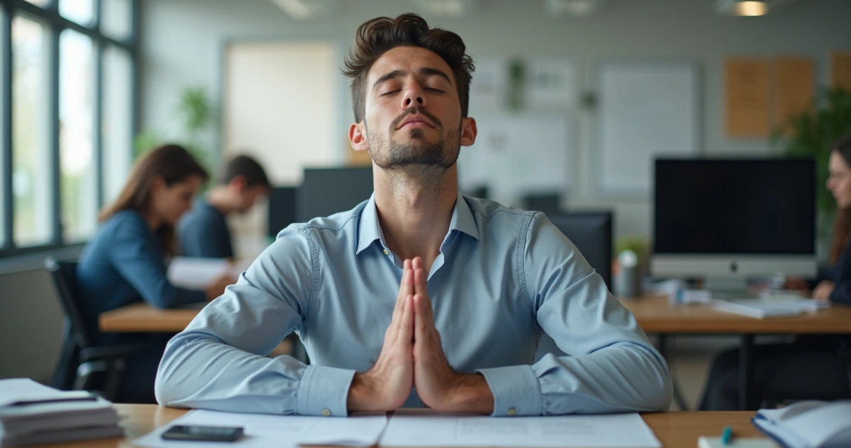 Profesional en oficina cerrando los ojos y respirando profundo en su puesto de trabajo 