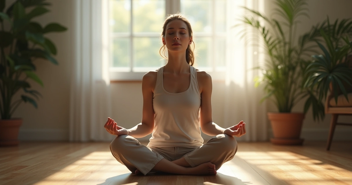 Persona practicando respiración consciente sentada con ojos cerrados 