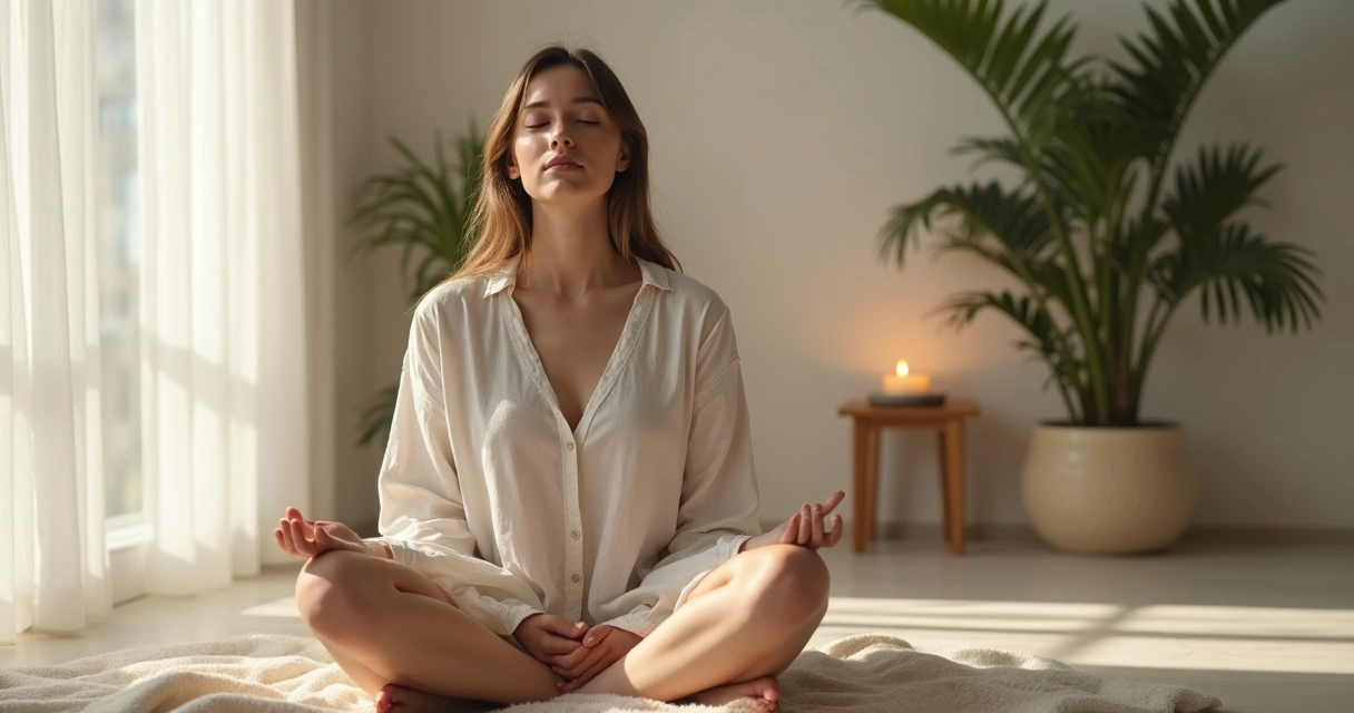 Persona practicando respiración profunda sentado en una habitación tranquila.
