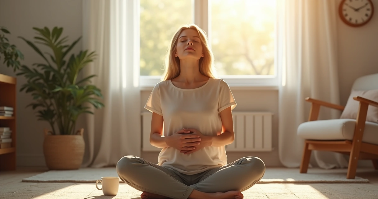 Persona practicando respiración profunda con las manos en el abdomen, sentada en casa.