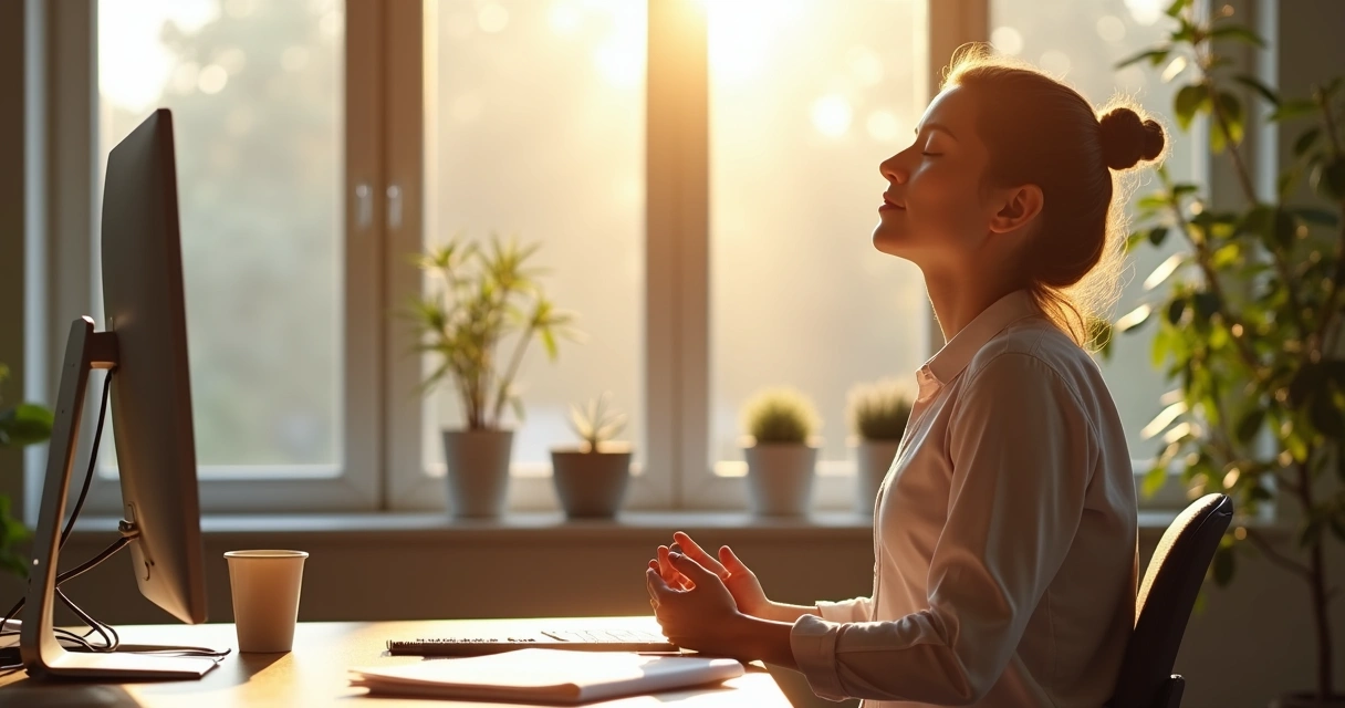 Empleado tomando unos minutos para respirar consciente en su escritorio