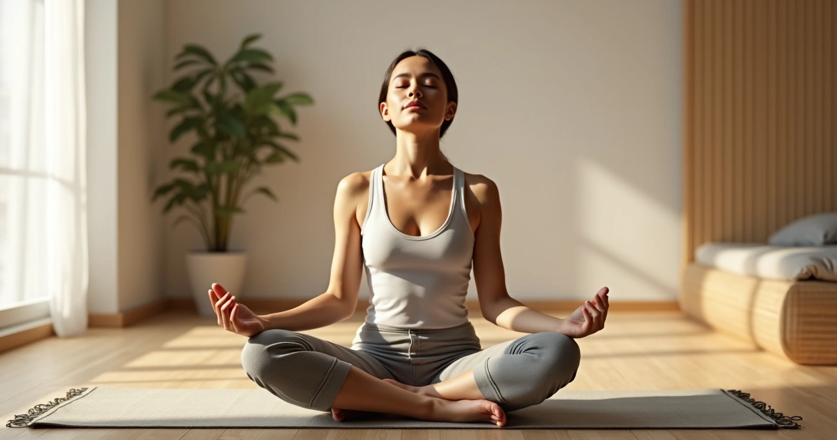Persona sentada en posición de meditación, ambiente sereno con luz suave 