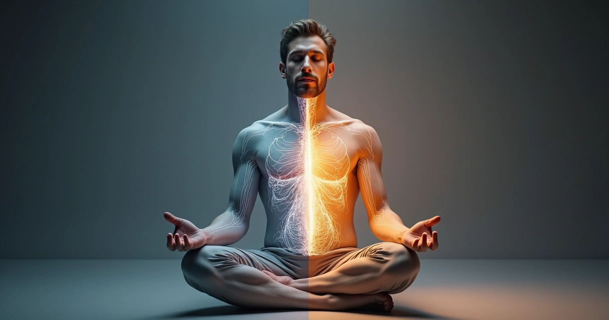 Persona sentada respirando con calma, mitad del cuerpo en tensión y mitad relajada 