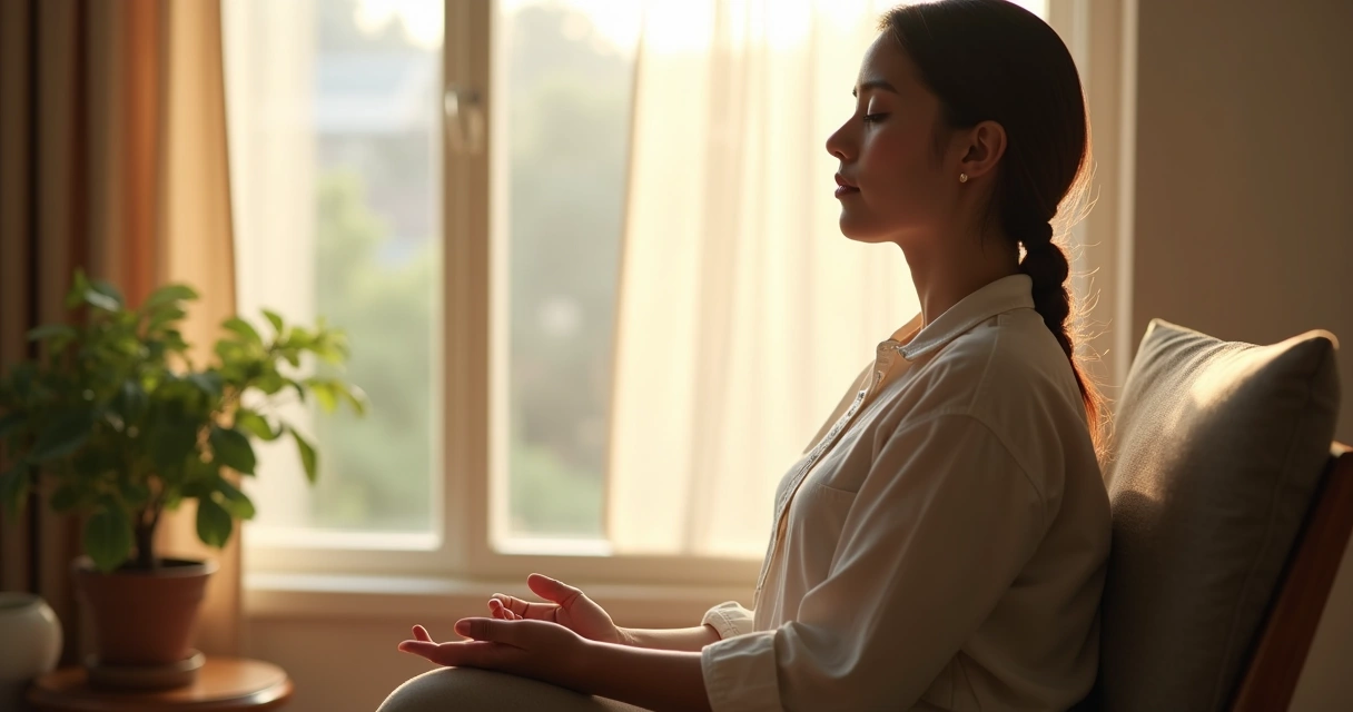 Persona respirando con calma junto a una ventana 