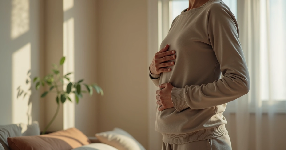 Primer plano de manos y pecho en práctica de respiración consciente 