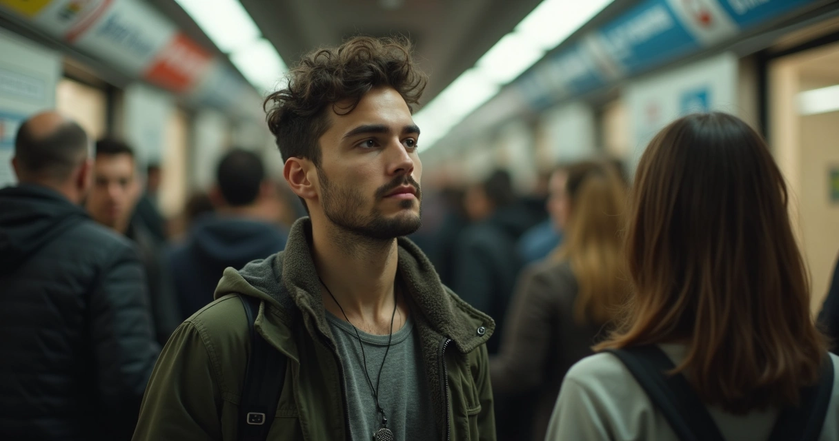 Hombre joven caminando en el metro practicando respiración consciente sin llamar la atención