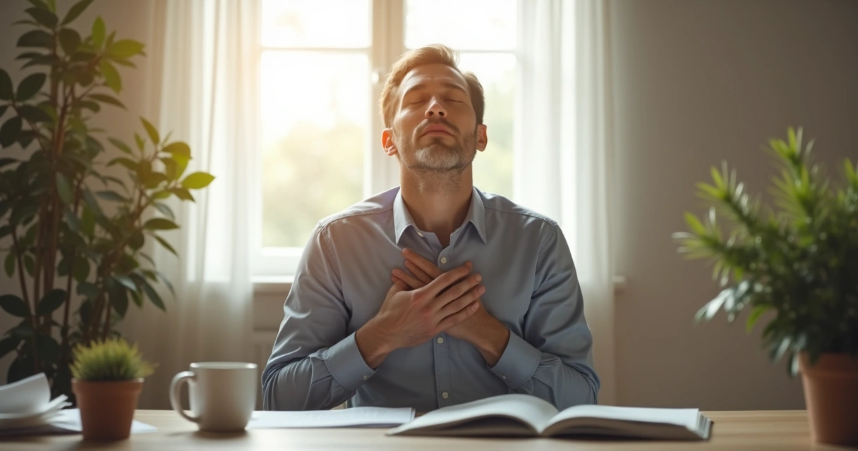 Persona respirando profundamente con una expresión serena 