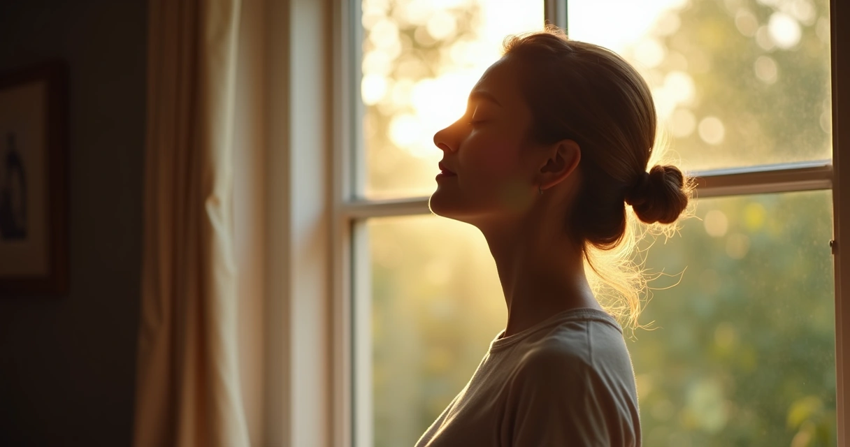 Pessoa respirando profundamente diante de janela aberta, luz suave, expressão serena.