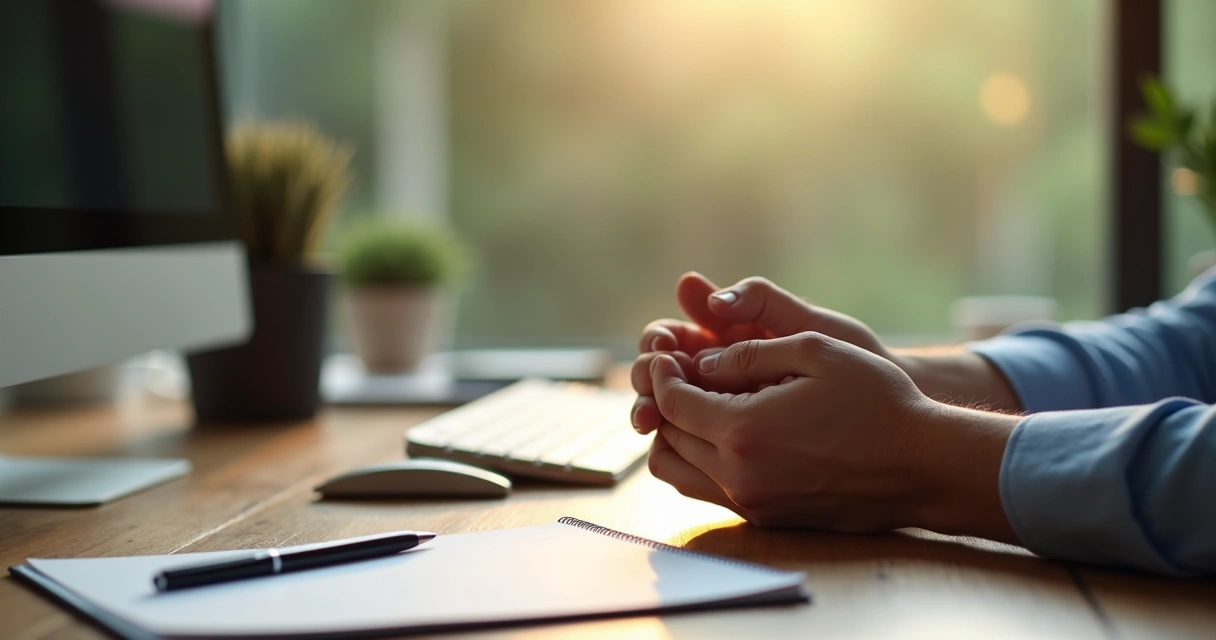 Manos descansando sobre el escritorio, respirando profundamente 