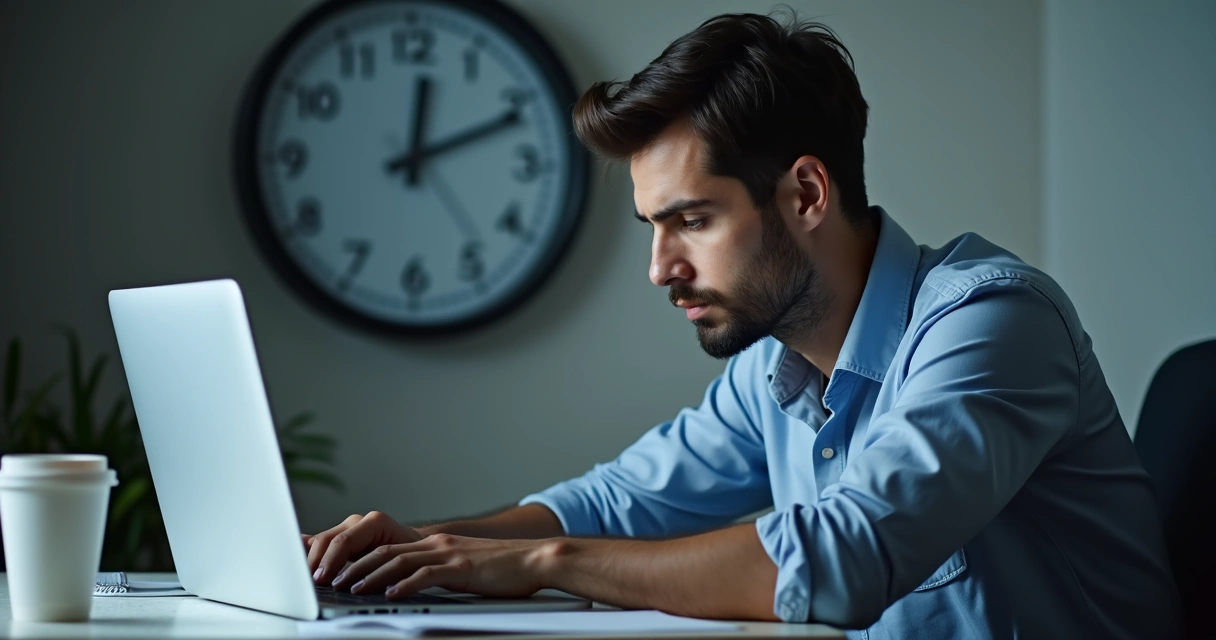 Homem sentado à mesa olhando cansado para uma pesquisa digital 