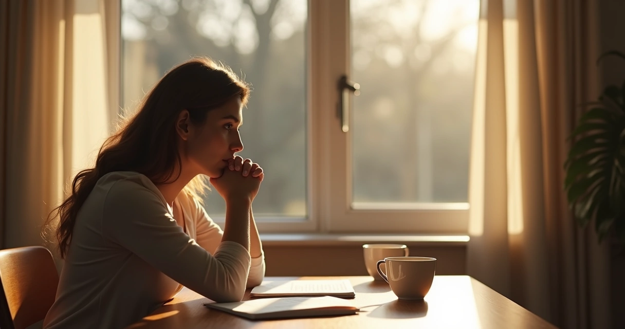 Persona reflexionando frente a una ventana 