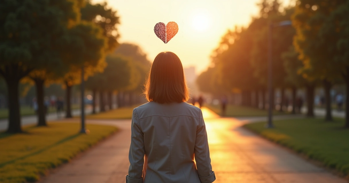 Persona reflexionando frente a dos caminos que representan decisiones emocionales conscientes 