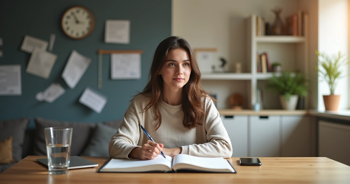 Persona con expresión serena sosteniendo un cuaderno frente a una mitad caótica y otra ordenada 