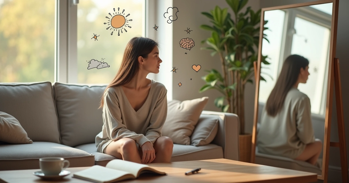 Persona tranquila observando su reflejo en un espejo con símbolos de emociones alrededor 