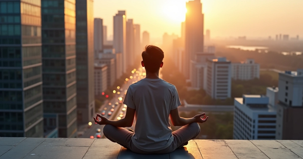Persona meditando frente a una ciudad simbolizando equilibrio entre mundo interior y responsabilidad social 