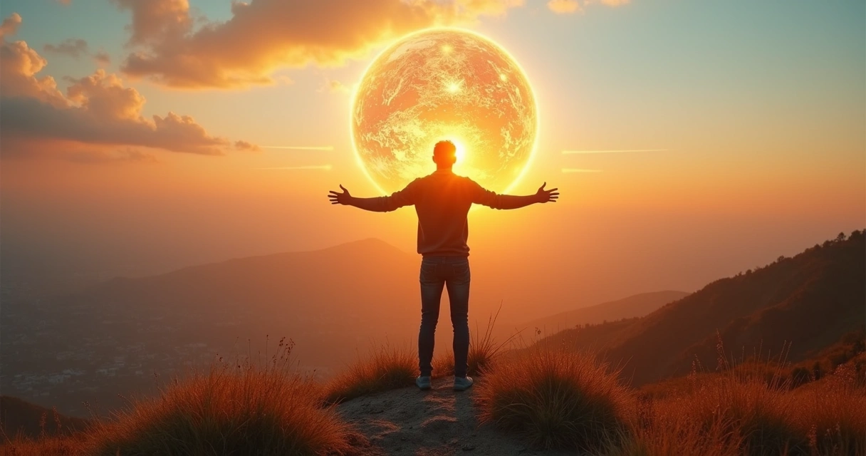 Persona de pie sobre una colina extendiendo la mano hacia un planeta iluminado 
